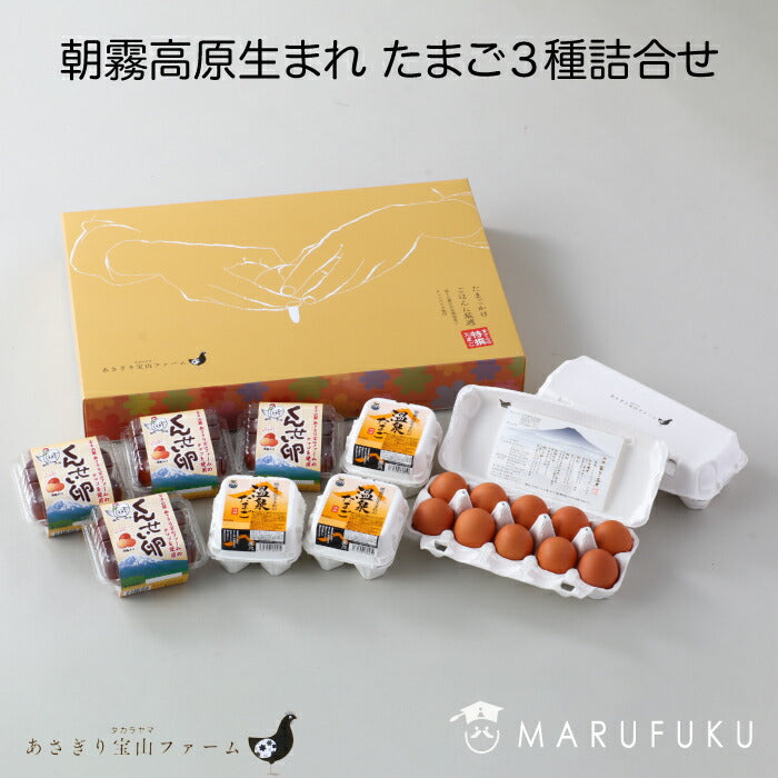 ＜朝霧高原生まれ たまご３種詰合せ マルフク＞ [静岡県 焼津市］ 富士山麓の新鮮な卵を使用した卵の食べ比べ！ 温泉卵はいつもの料理に乗せるだけで栄養価満点の豪華料理に大変身！ 食品添加物不使用の安全安心なくんせい卵 ボリュームたっぷりのセットFN0PA